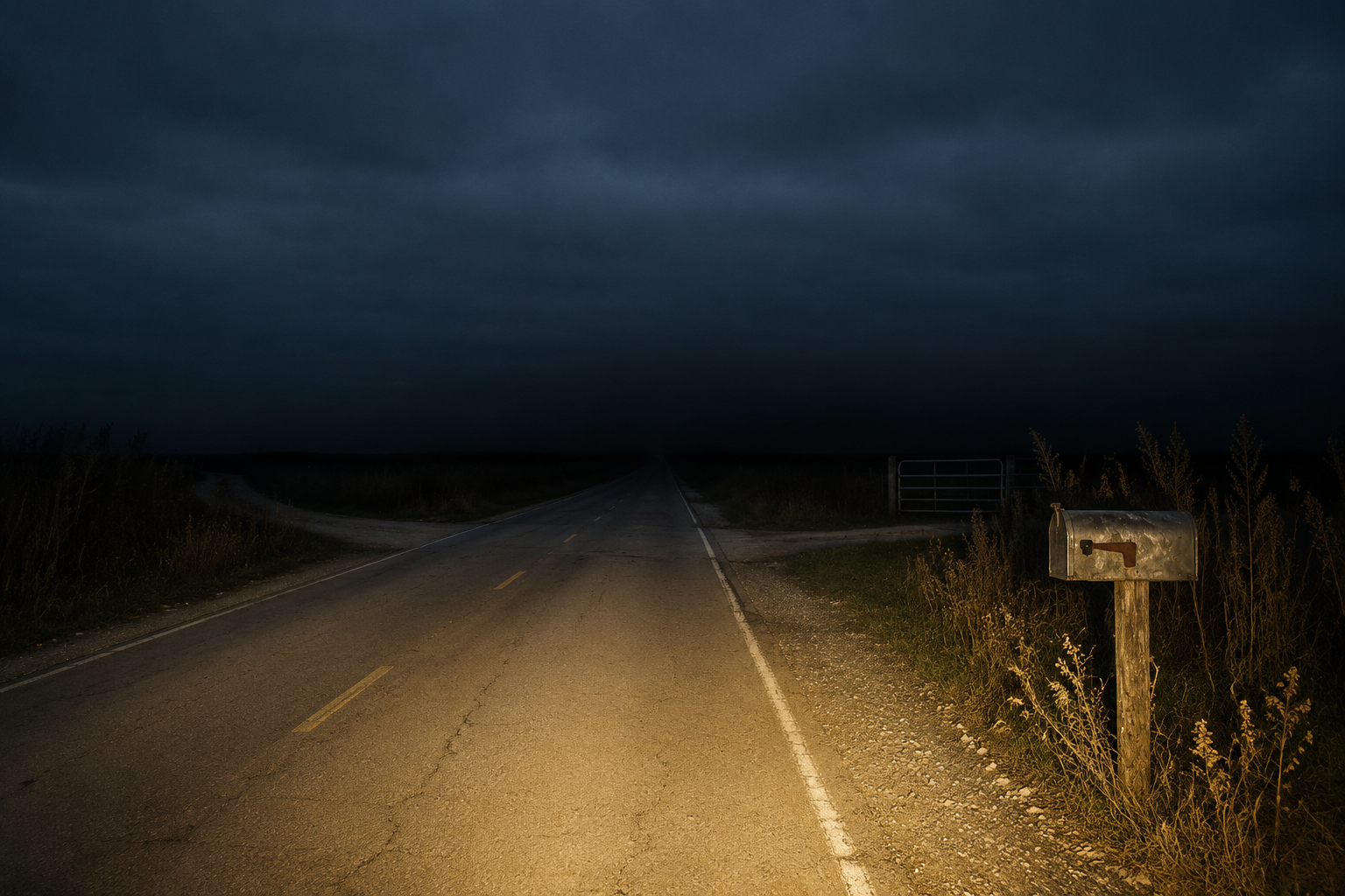 A quiet two-lane road at dusk seen from where a person would be standing, the gravel and weeds at their feet lit warm by a light behind them, two unlit side lanes branching off in the middle distance, and the far end of the road disappearing into full dark.