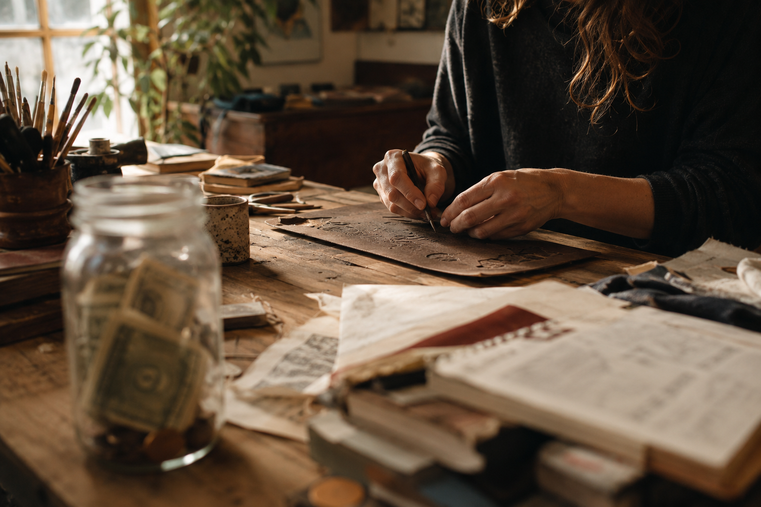 A glass jar with a few dollar bills in it sits off to one side of a sunlit wooden workbench while a pair of hands works on a carving, tools, books, and papers scattered across the wood.