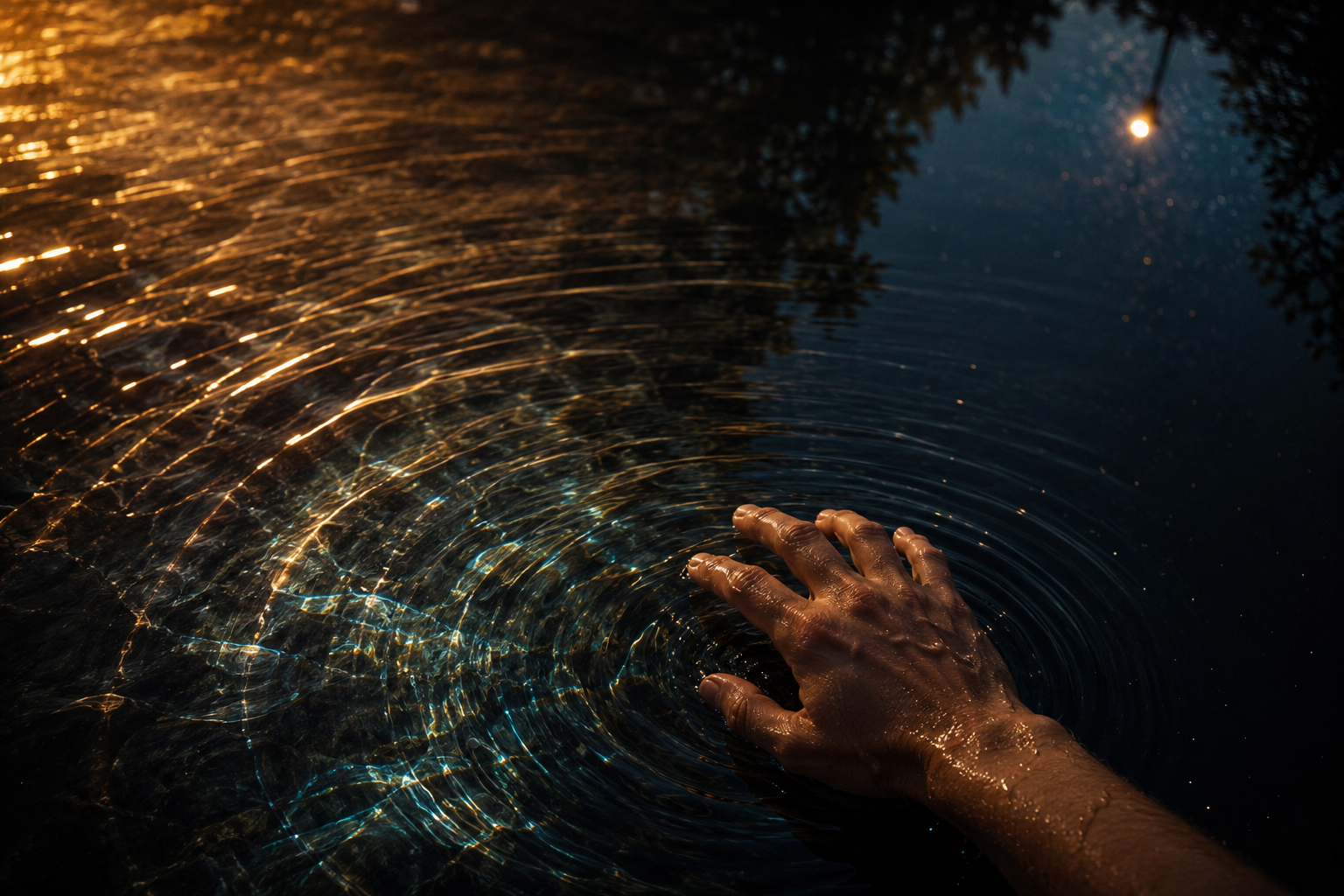 A hand breaking the surface of dark still water at night, ripples scattering the light on one side while the far side stays mirror clear.