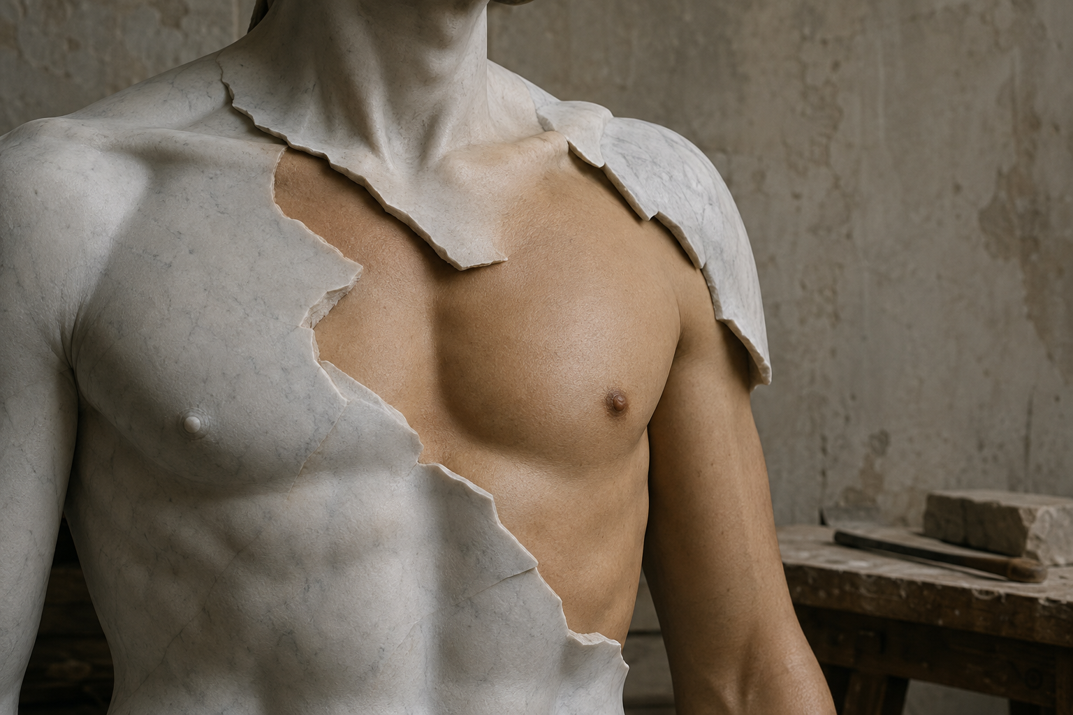 A plaster cast breaking away from a human figure, revealing living skin underneath, on a workbench in a stone workshop.