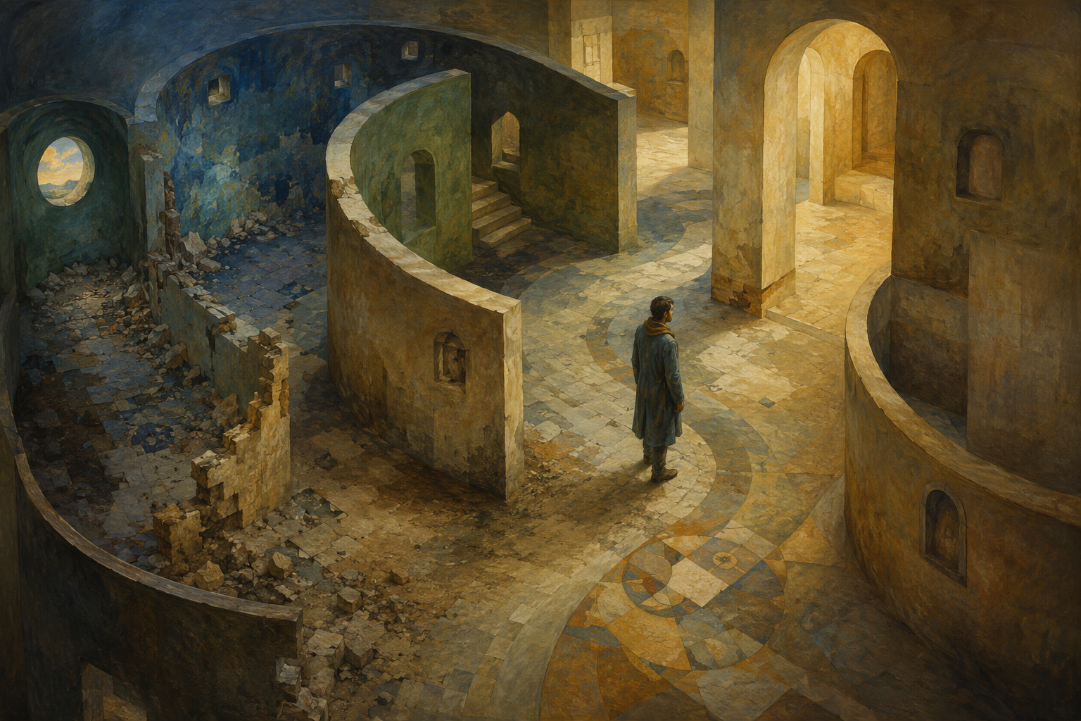 A lone figure in a long coat stands on a curving stone path inside a maze-like structure, crumbled ruined walls in cool shadow on one side and warm lit archways opening on the other.