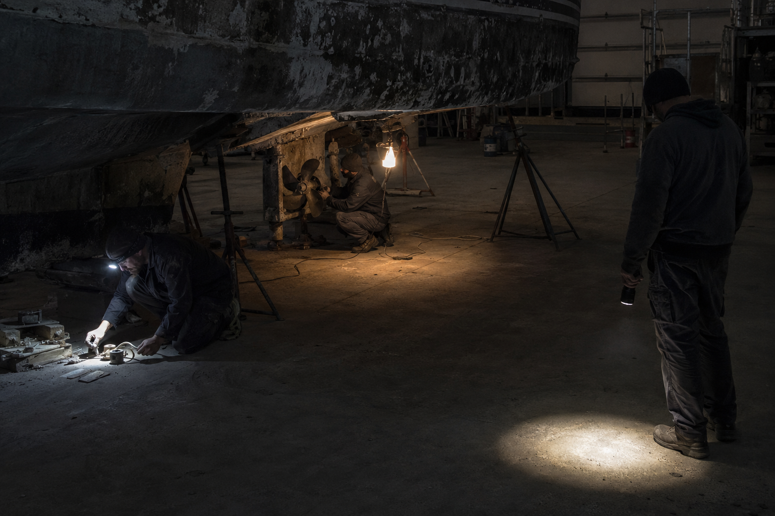 A dim working room mid shift, one figure already in motion and further into a task, and a second man standing still nearby with his attention plainly somewhere else, both lit the same.