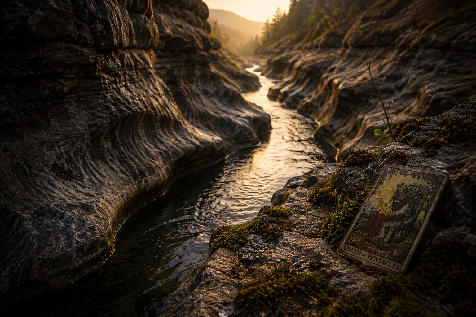 A low river winds through water-carved stone at golden light, a Queen of Pentacles tarot card resting on a mossy rock in the foreground.