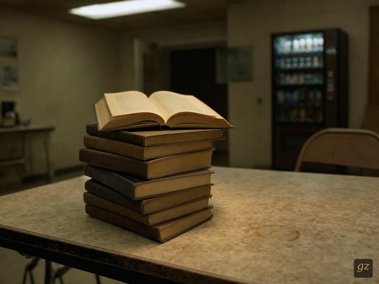 A stack of old books on a worn table. The top book is open. The page is lit from underneath.