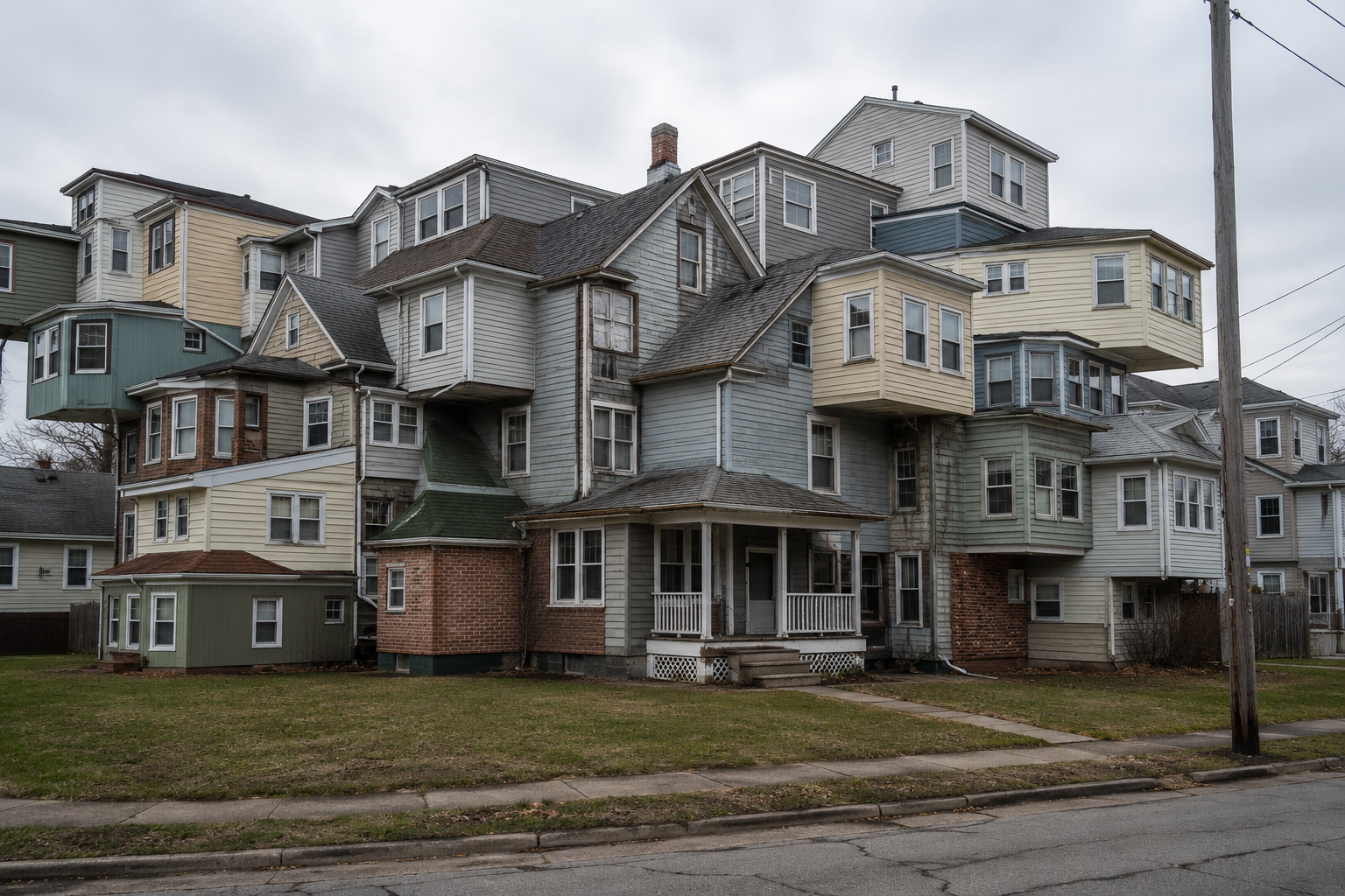 An ordinary working-class house expanded into an impossible network of fully finished rooms beneath an overcast sky.