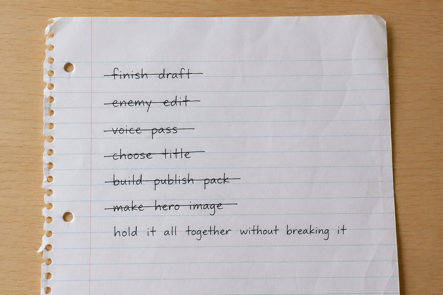 A sheet of lined notebook paper on a wooden desk, handwritten with a list of tasks that are all crossed out except the last one, which reads: hold it all together without breaking it.