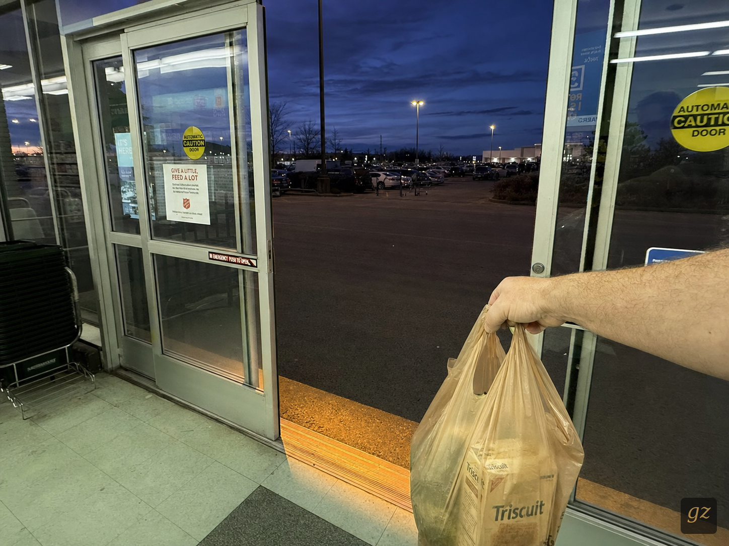 Automatic grocery doors at dusk. A Triscuit bag in a thin plastic basket. A gold line at the threshold.