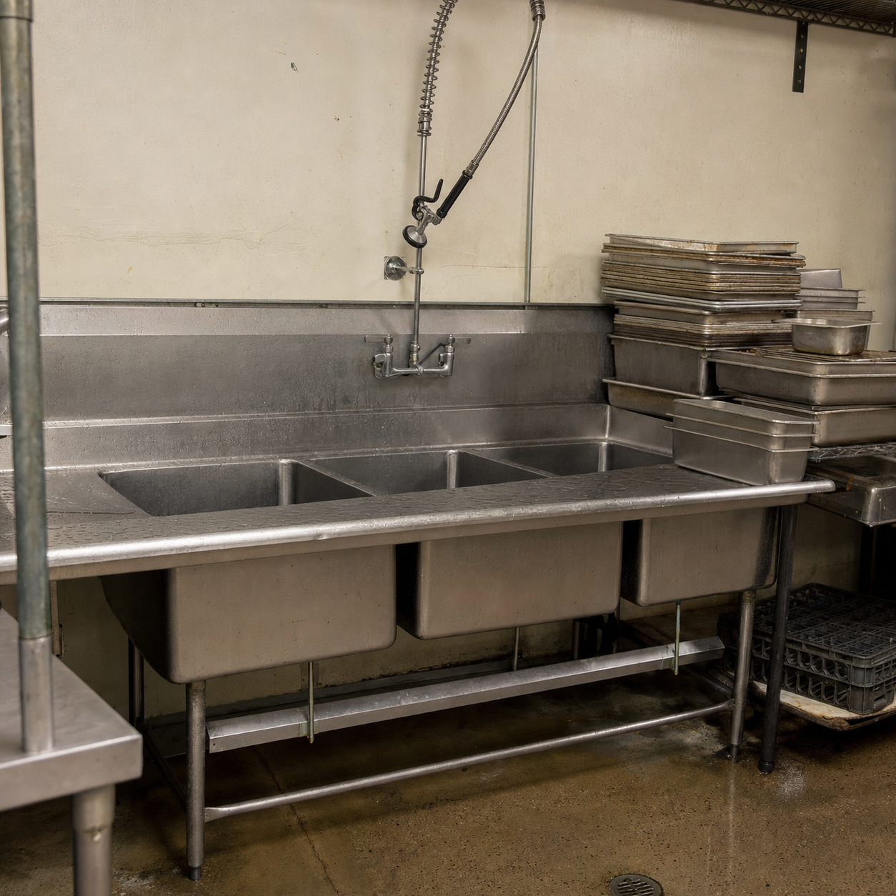 A stainless steel three-bay sink and sprayer in a grocery store back room, the place everyone calls the pit.