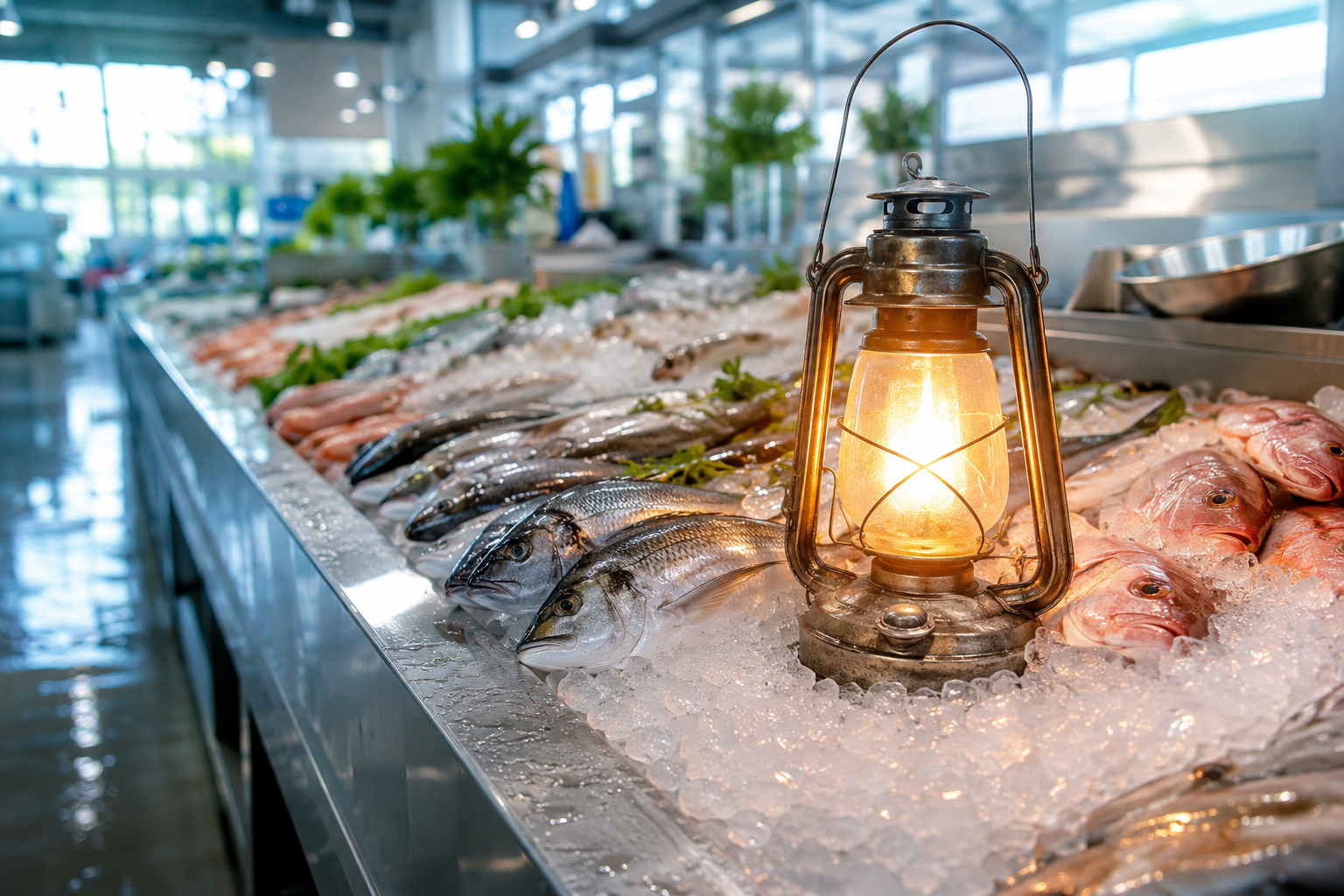 A lit oil lantern rests on crushed ice beside whole fish in a bright grocery seafood case.