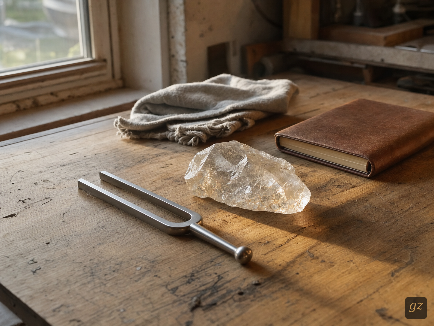 A tuning fork beside a raw quartz cluster and an open notebook in window light.
