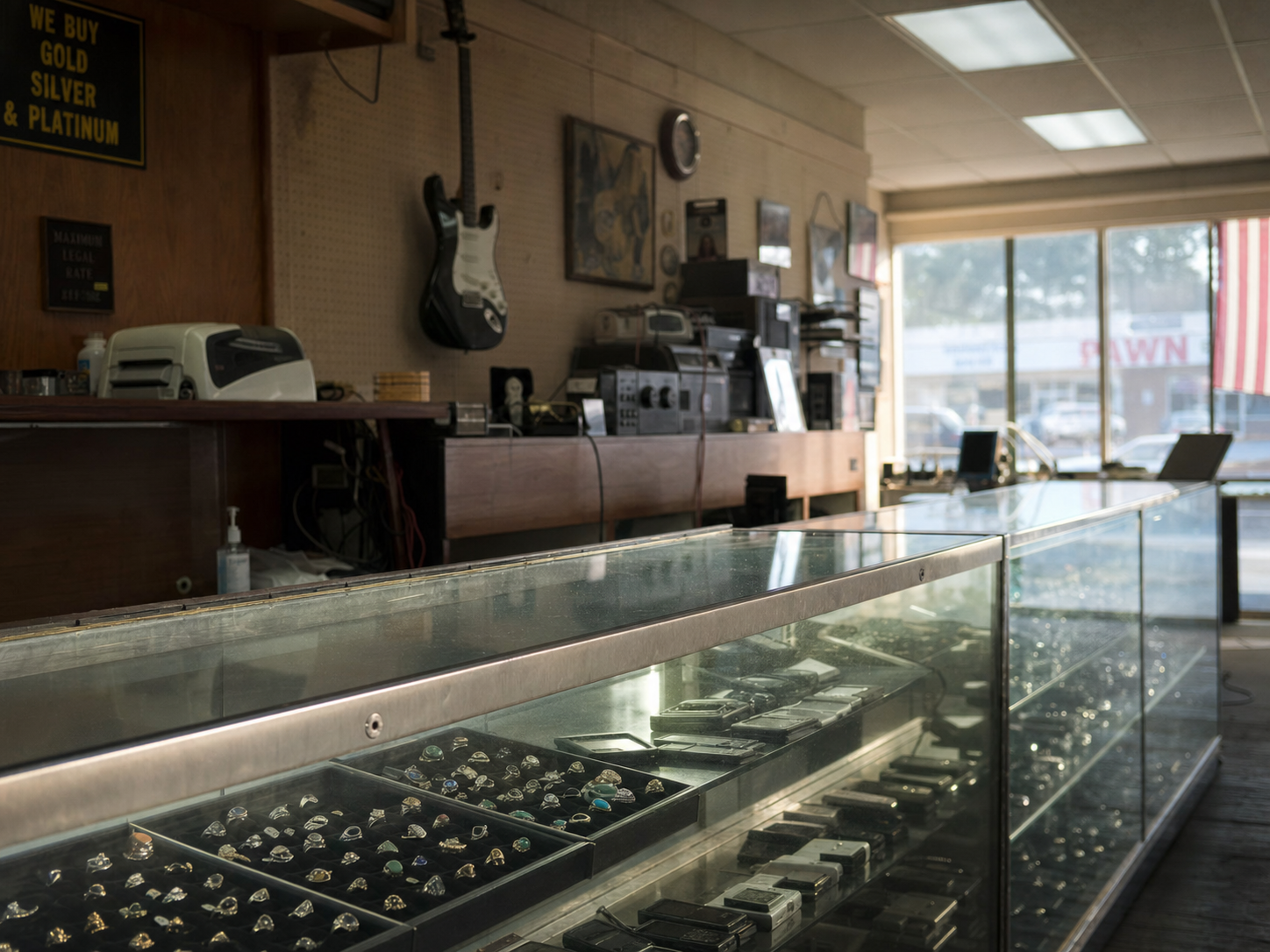 A worn pawn shop counter interior. Glass display case with rings, a guitar on the wall behind, late afternoon light through the storefront window. No people.