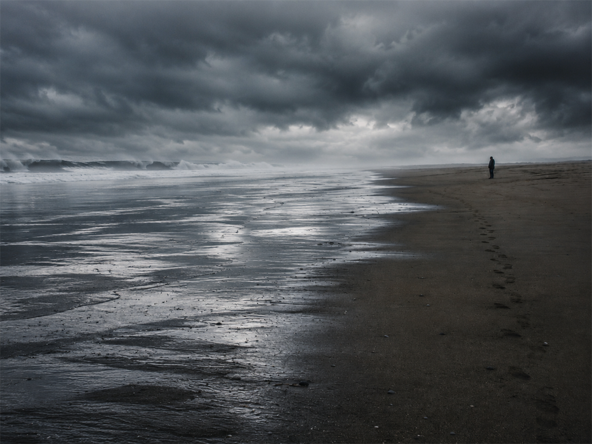A wide storm-gray beach at low tide. Dark wet sand and a receding sheet of water on the left, a heavy overcast sky, distant breaking waves. A lone figure stands far up the dry sand on the right, facing the sea, a line of footprints trailing behind. No people close, no text.