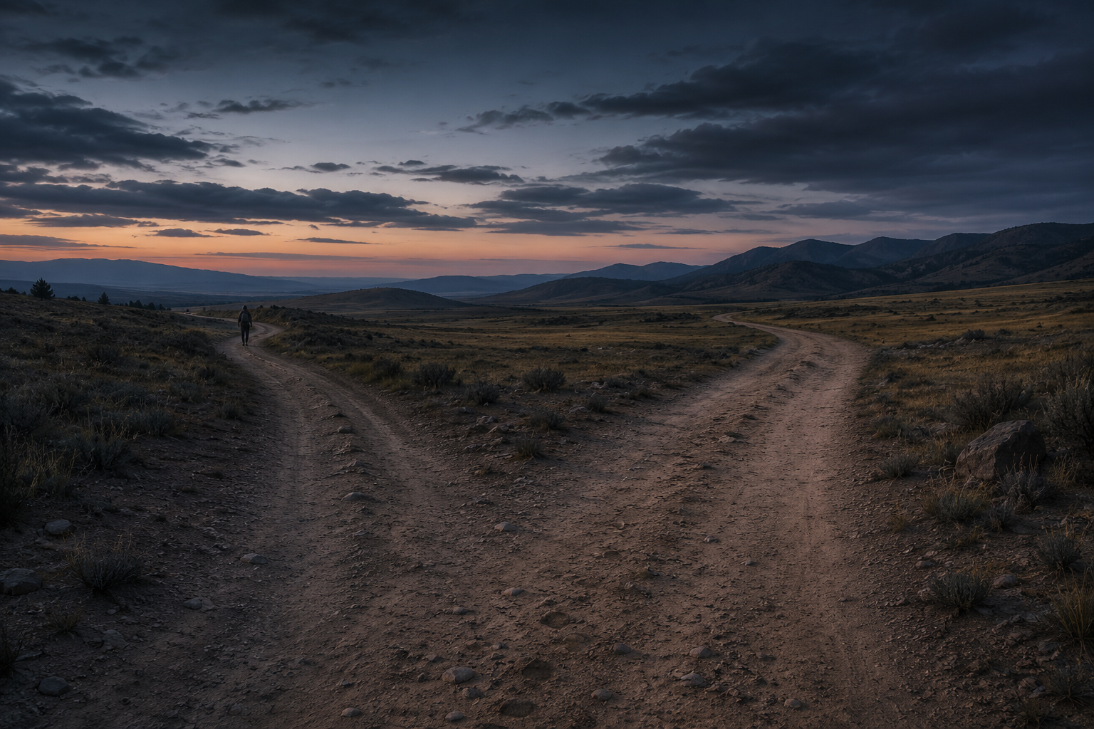 A dirt road forking in open high country at dusk, seen from where somebody would be standing at the split. Down the left fork a single small figure with a pack walks away, already distant and close to a bend. The right fork runs empty toward low hills under a bank of dark cloud, with the last orange of the sunset along the horizon.
