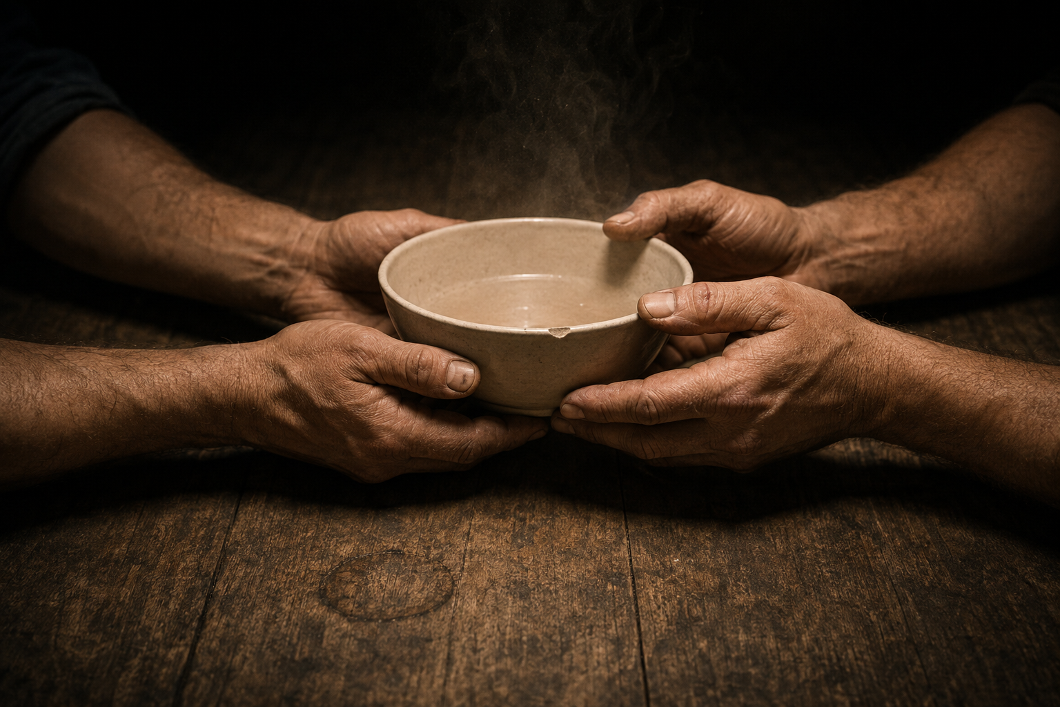 Two pairs of working hands at a dark wooden table, both sets touching a plain ceramic bowl at the moment it passes between them, steam rising through a single warm overhead light.
