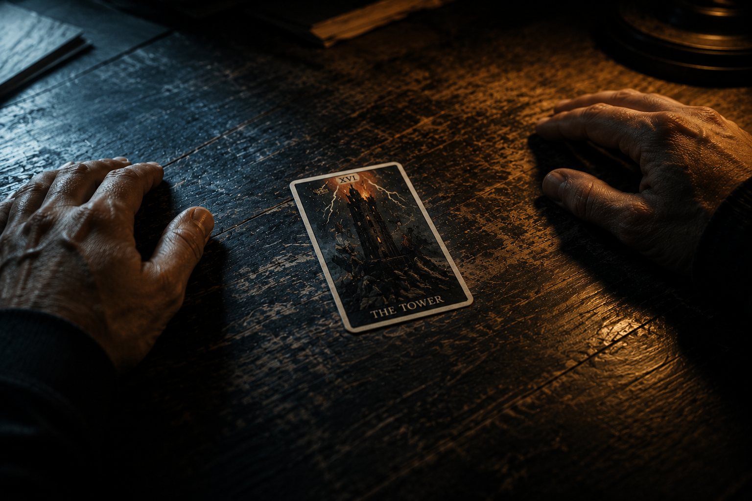 Two weathered hands flat on a dark table with the Tower card between them, cold light on one hand and warm light on the other.