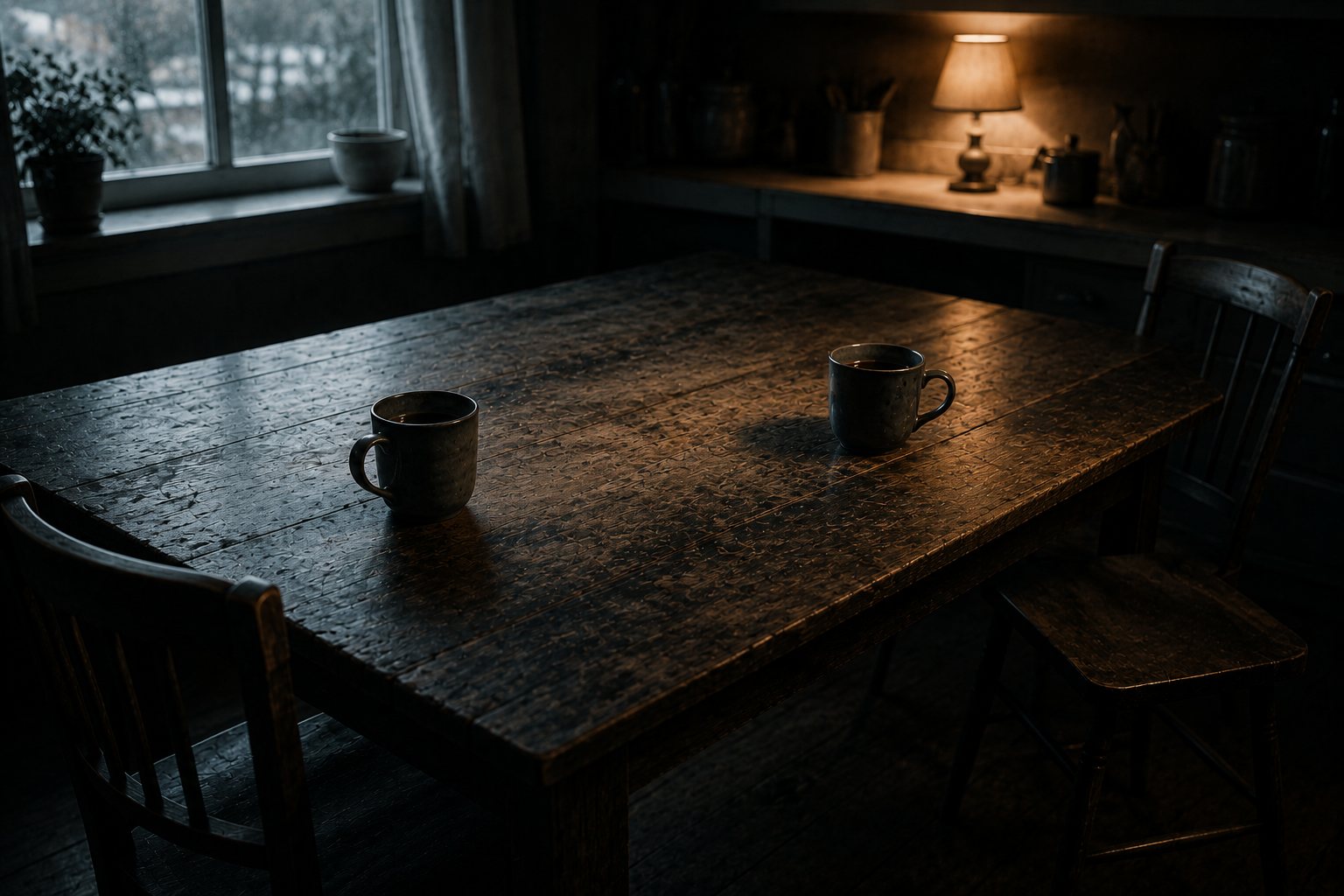 An empty kitchen table with two mugs and two chairs, cold window light on one side and warm lamp light on the other.