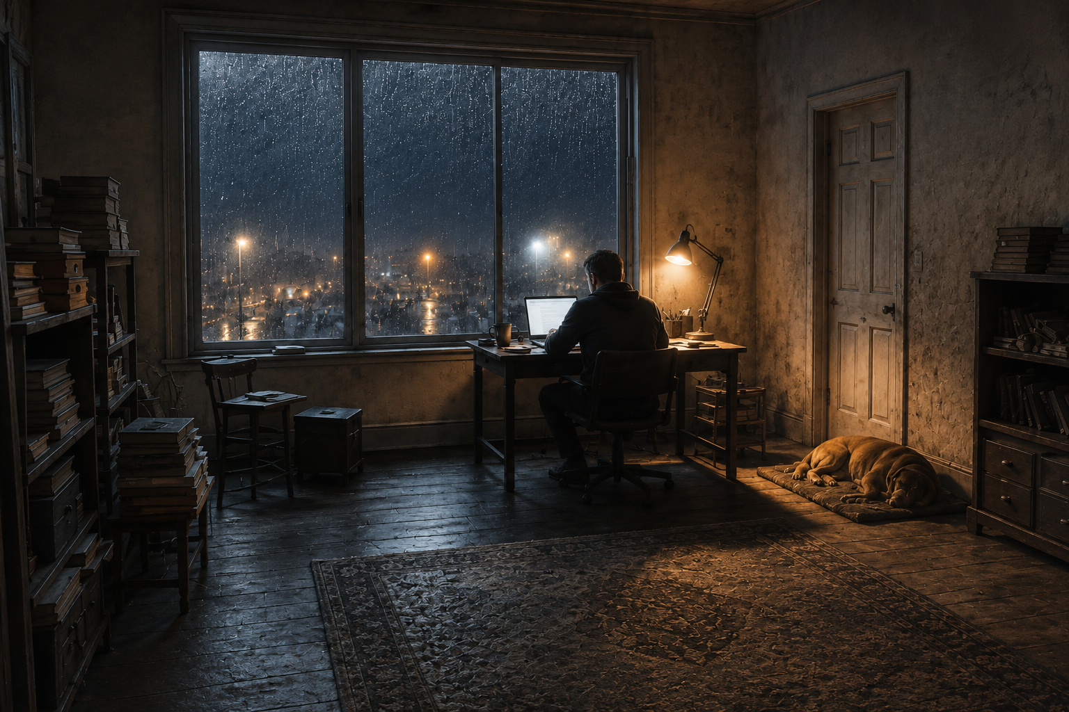 A man alone at a desk late at night, lit only by his laptop screen, rain on the window and a dog asleep by the door.