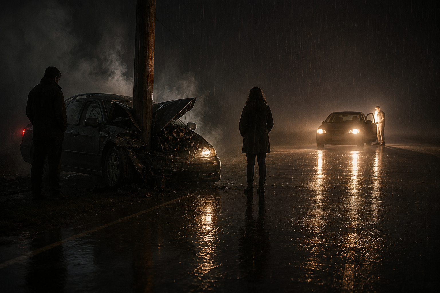A wrecked car bent around a telephone pole on a dark, rain-slicked road at night, two indistinct figures beside it, and a third person standing brightly lit by another car that has just pulled over.