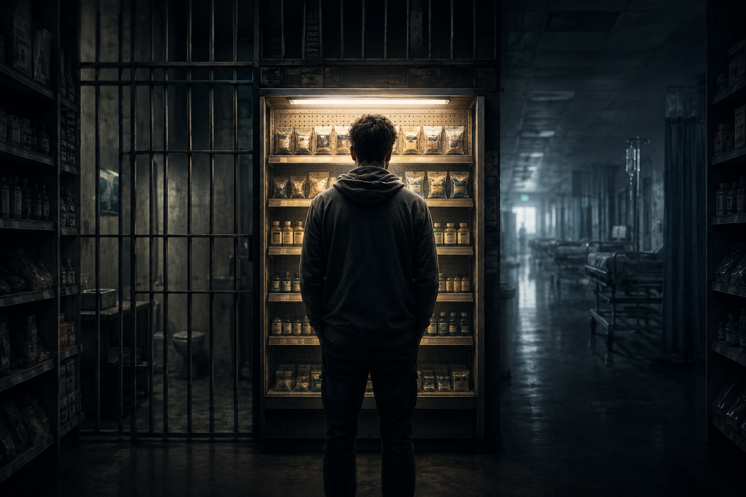 A man seen from behind stands before a warmly lit store display case stocked with small packets and bottles. To his left, dark prison bars and a cell. To his right, a shadowed hospital corridor with empty beds and an IV stand. Muted blue-grey light, one amber glow from the shelf. No text.