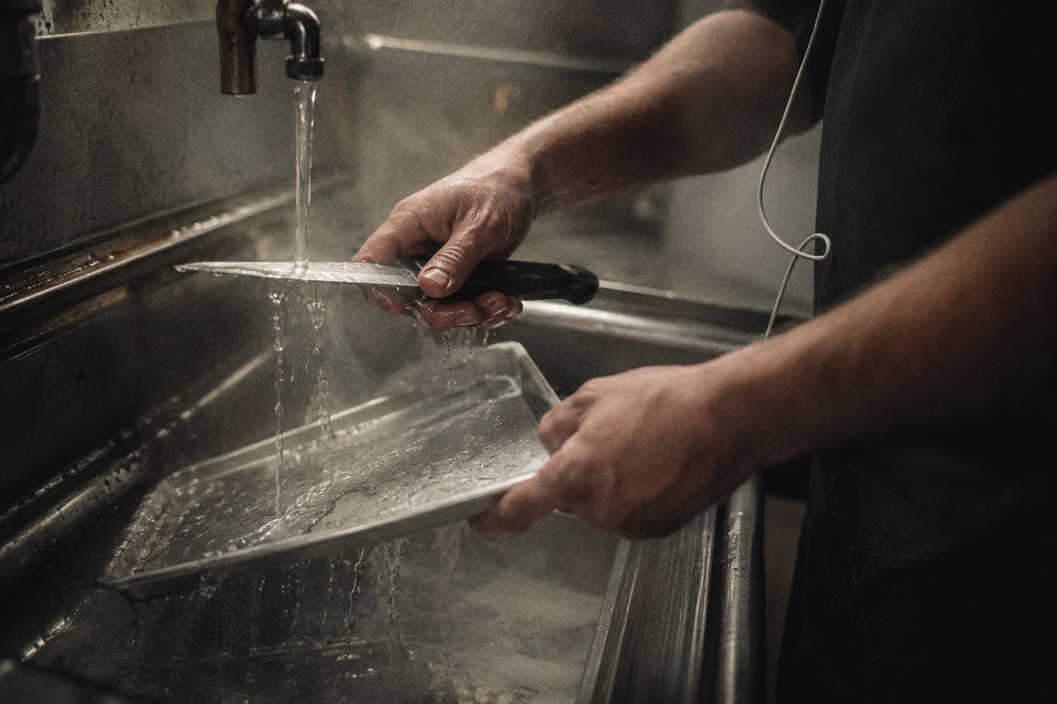A worker at a stainless steel sink washing a metal tray and a knife under running water, steam rising and an earbud cord hanging, seen from behind in dim light.