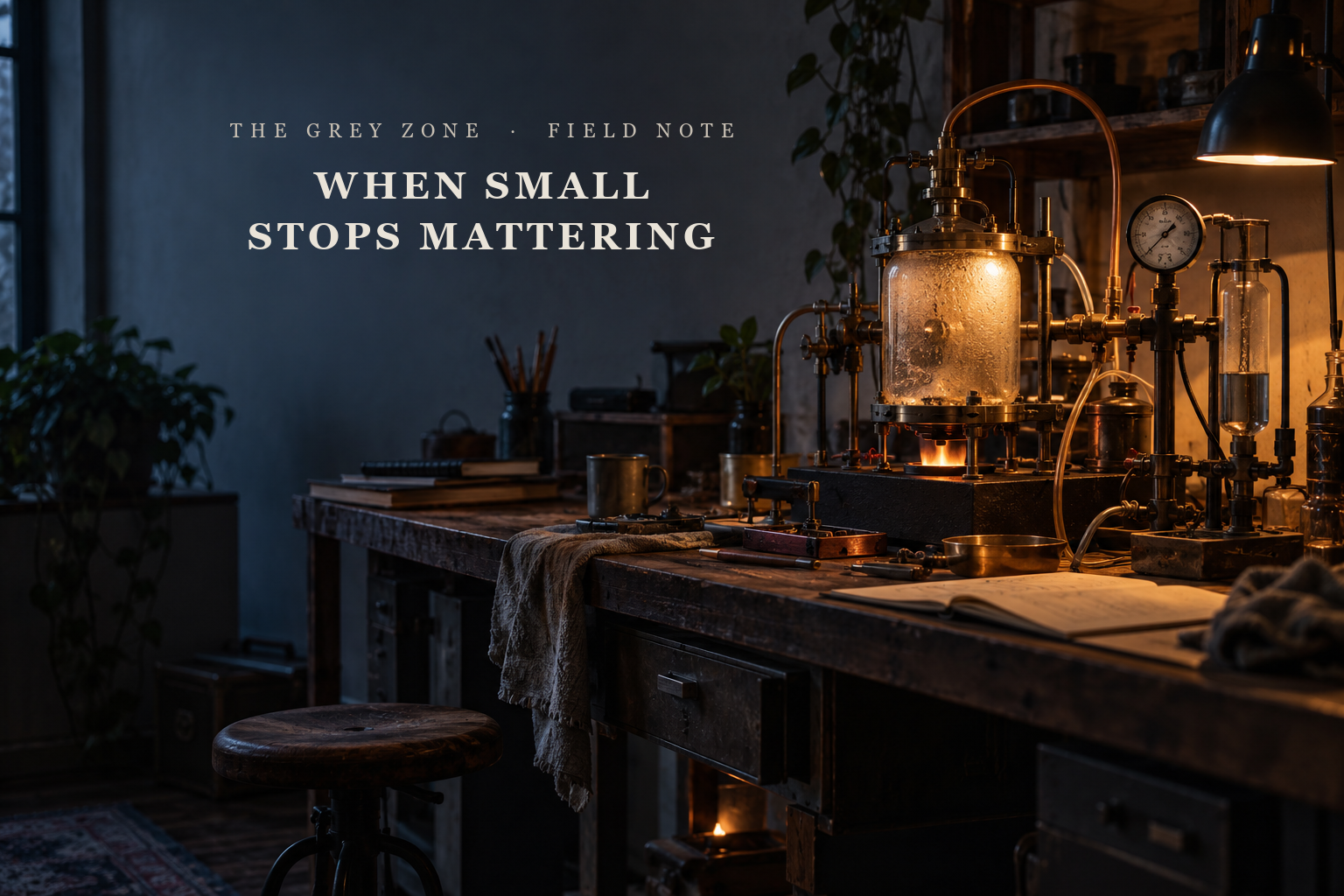 A dim workshop bench in warm lamplight. A brass and glass apparatus with a round pressure gauge stands lit at the right, an open notebook and scattered tools lie along the bench, and an empty stool sits in front of it. The article title is set into the dark wall on the left.