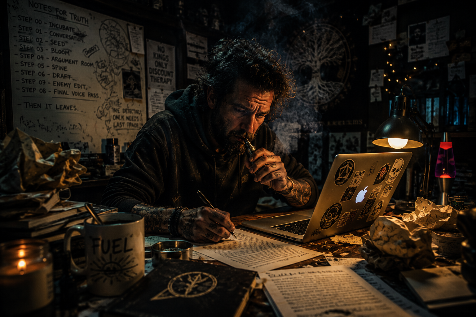 A man writing late at night at a cluttered desk under one lamp, a whiteboard behind him listing the stages of his writing process.