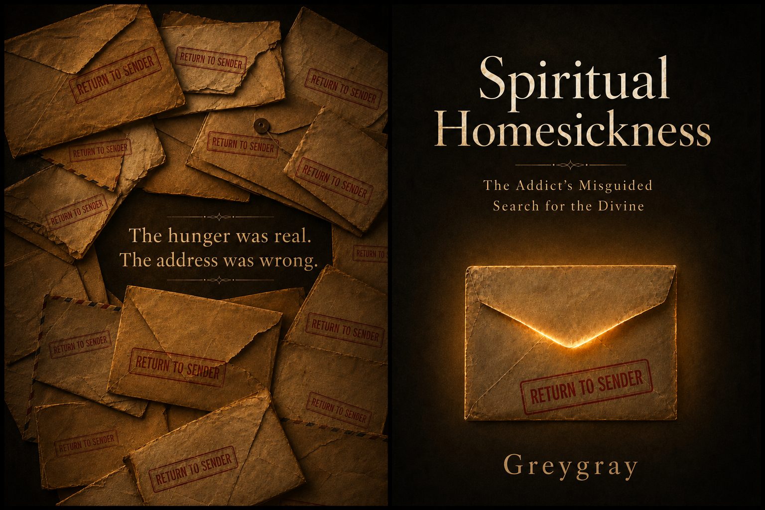 Spiritual Homesickness by Greygray. A back-and-front cover spread: a pile of aged envelopes stamped Return to Sender, and the line, The hunger was real. The address was wrong.