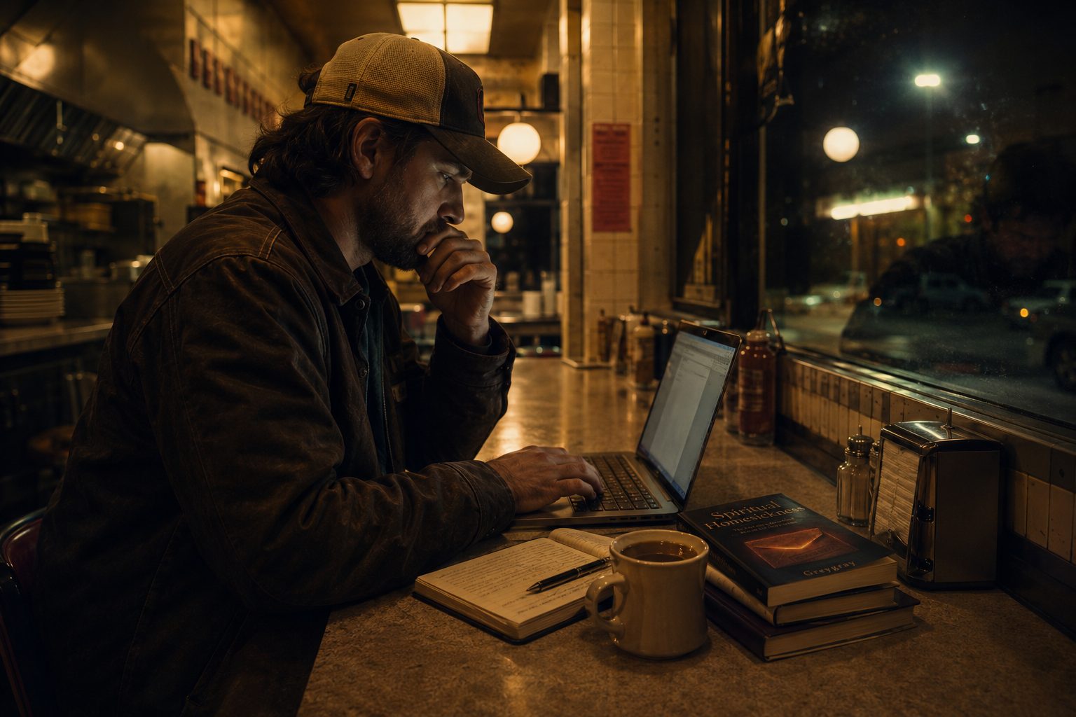 Late night at a diner counter. A man in a work jacket and cap hunched over a laptop, a notebook and coffee and a stack of books beside him, rain and neon in the window.