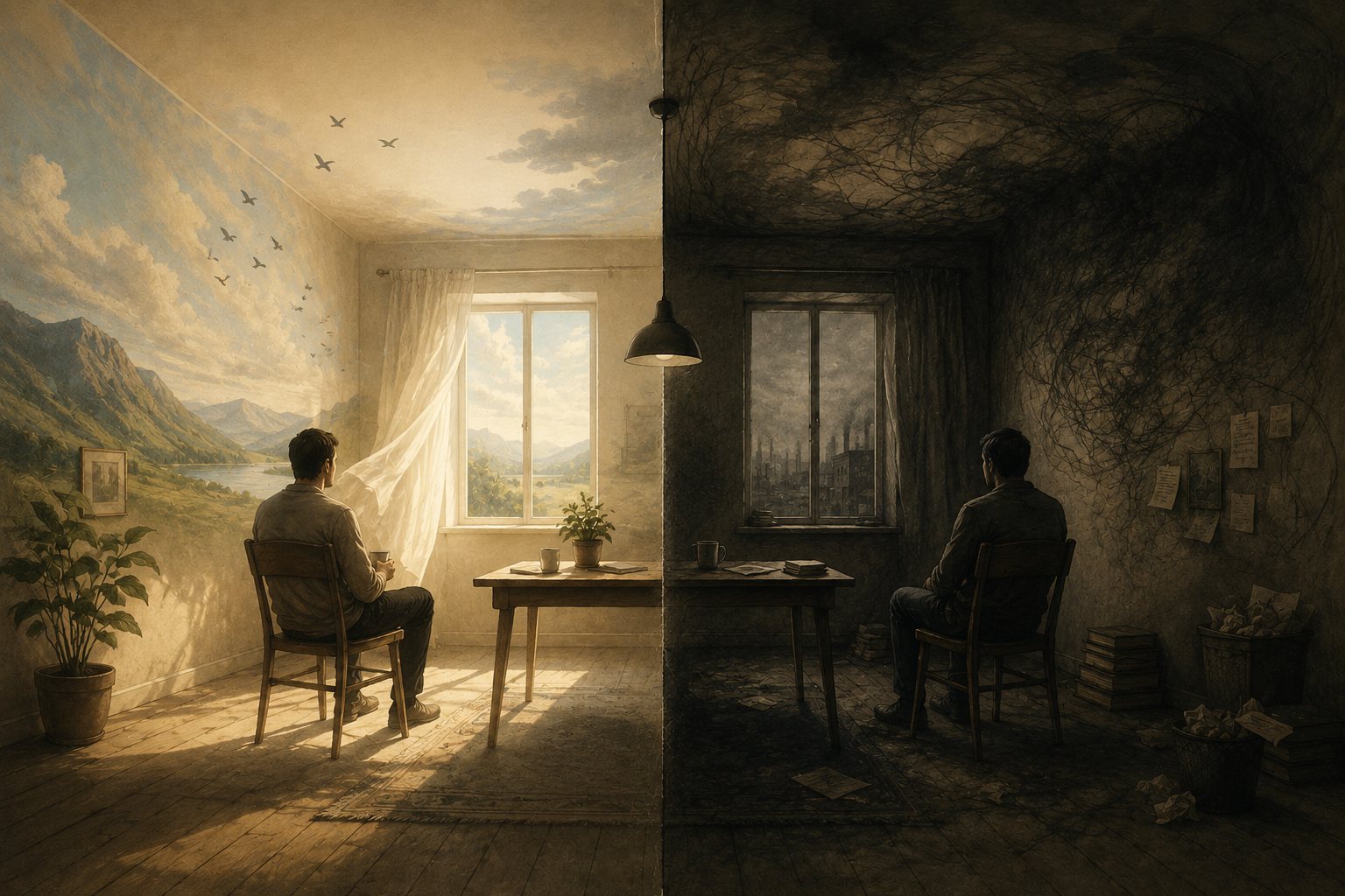 One room split down the middle. The same table and window, warm and open on one side, dim and closed on the other, a man sitting in each.