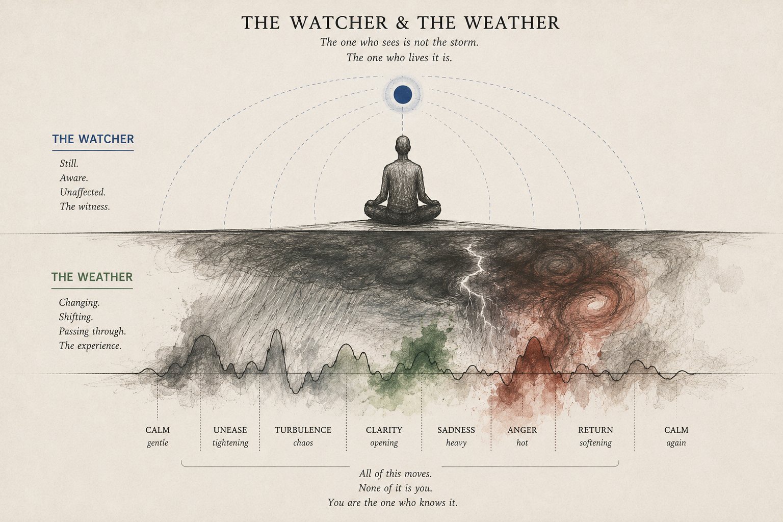The Watcher and the Weather. A still figure seated above a moving band of storm, calm, anger, and return passing underneath.