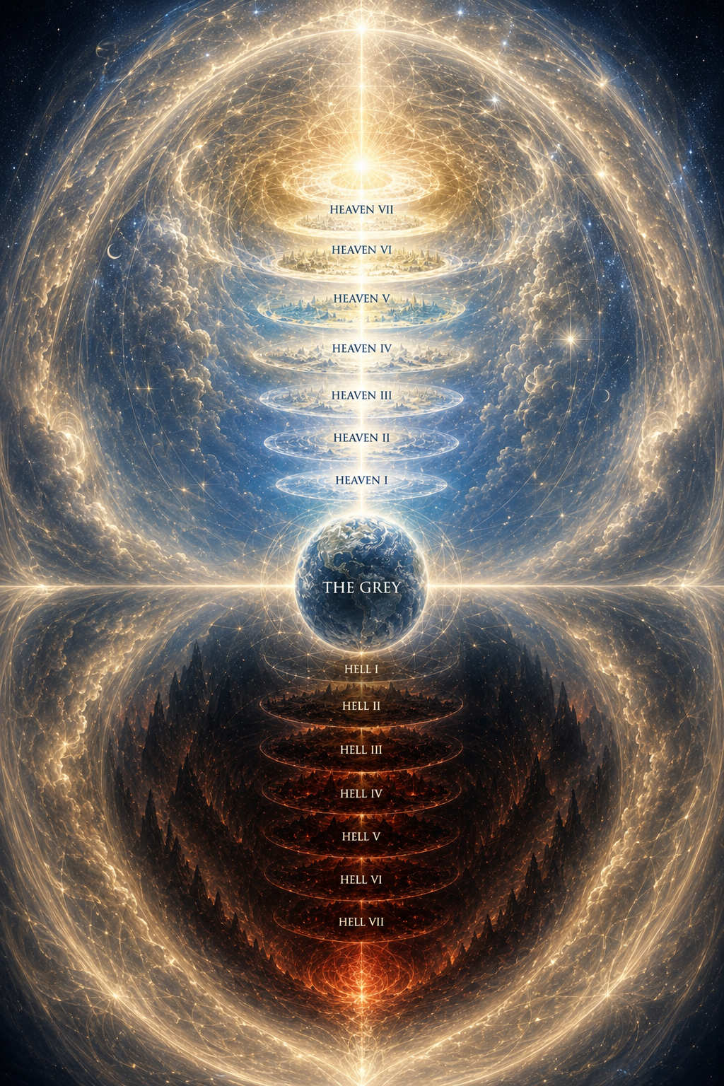 The outer shell of No Wrong Place. Seven heavens stacked above, seven hells below, and The Grey holding the middle.