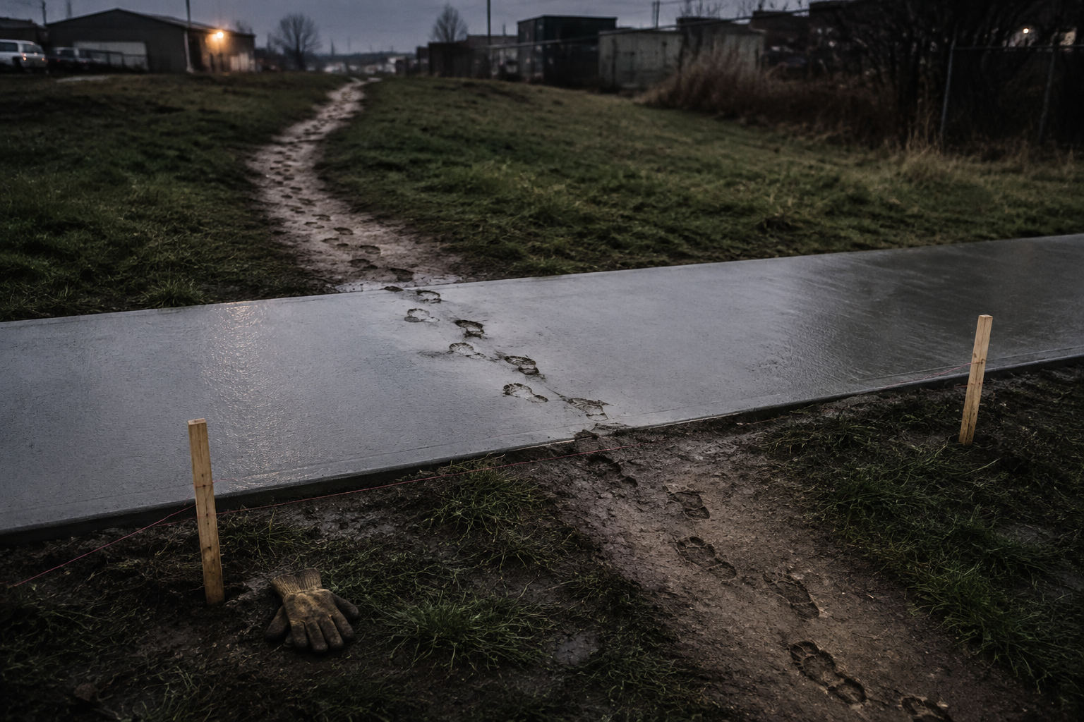 A freshly poured concrete sidewalk crossing an older worn dirt path, with muddy bootprints walking straight over the wet concrete and continuing along the original route.