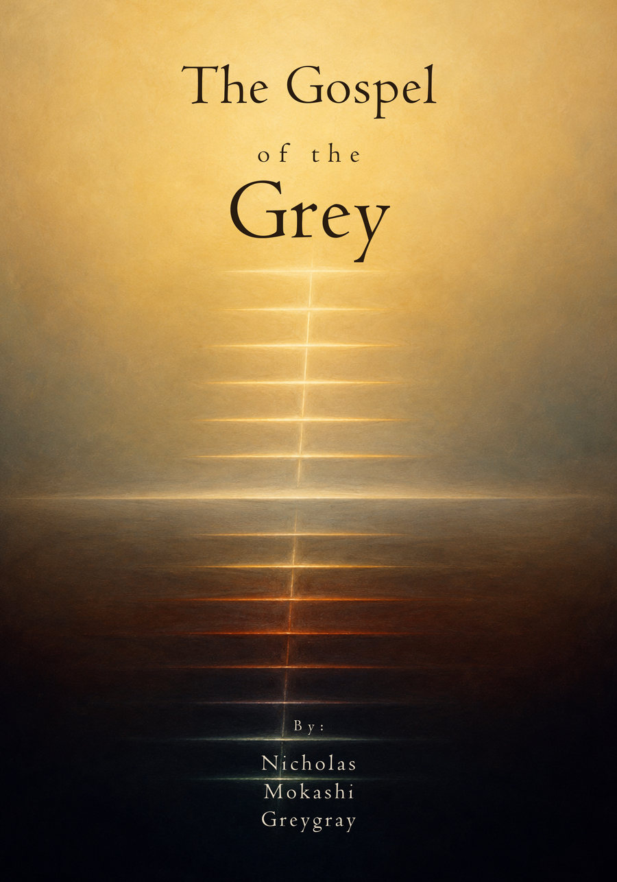 The front cover of The Gospel of the Grey. A ladder of light descends from a warm glow at the top into darkness below, with the title above it and the byline Nicholas Mokashi Greygray beneath.