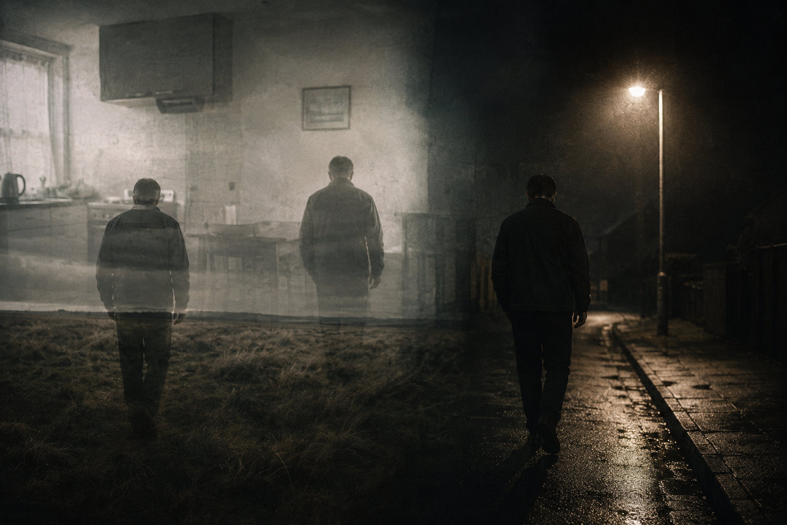 Three versions of the same man seen from behind, walking away in different directions. Two are semi-transparent, one standing in a lit kitchen and one in a bare field. The third is solid, walking down a wet street at night under a streetlamp. All three occupy the same photograph.