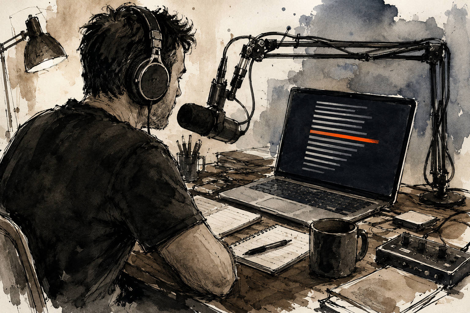 An ink and watercolour illustration of a man seen from behind at a home studio desk, wearing headphones and leaning toward a microphone on a boom arm. On the laptop screen a teleprompter script runs as pale grey lines with one line marked in orange, the only colour in the picture.