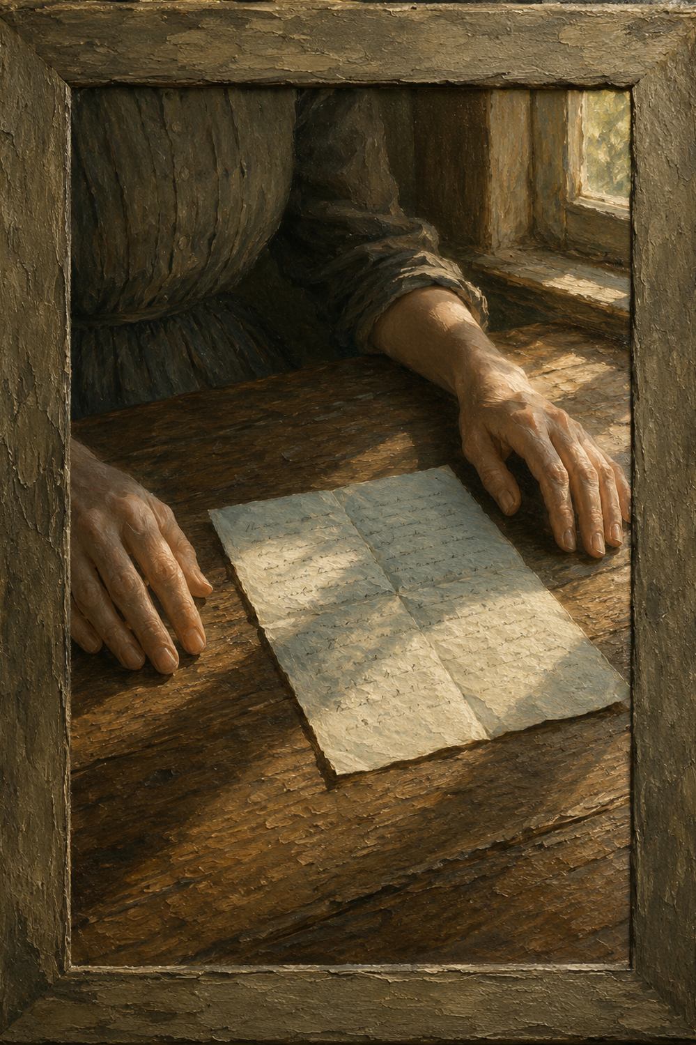 An interior plate from The Gospel of the Grey. A hand rests beside an opened folded letter on a wooden table.