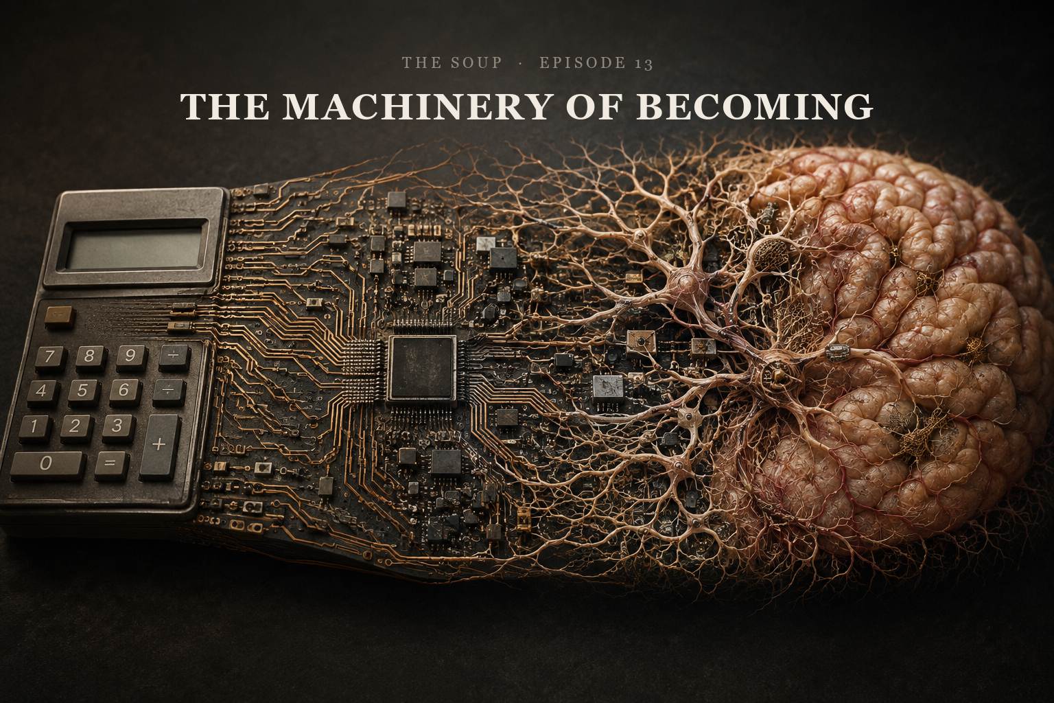 One continuous object photographed on a dark surface. An old pocket calculator on the left becomes dense copper circuitry in the middle, and the circuitry becomes a biological brain on the right.