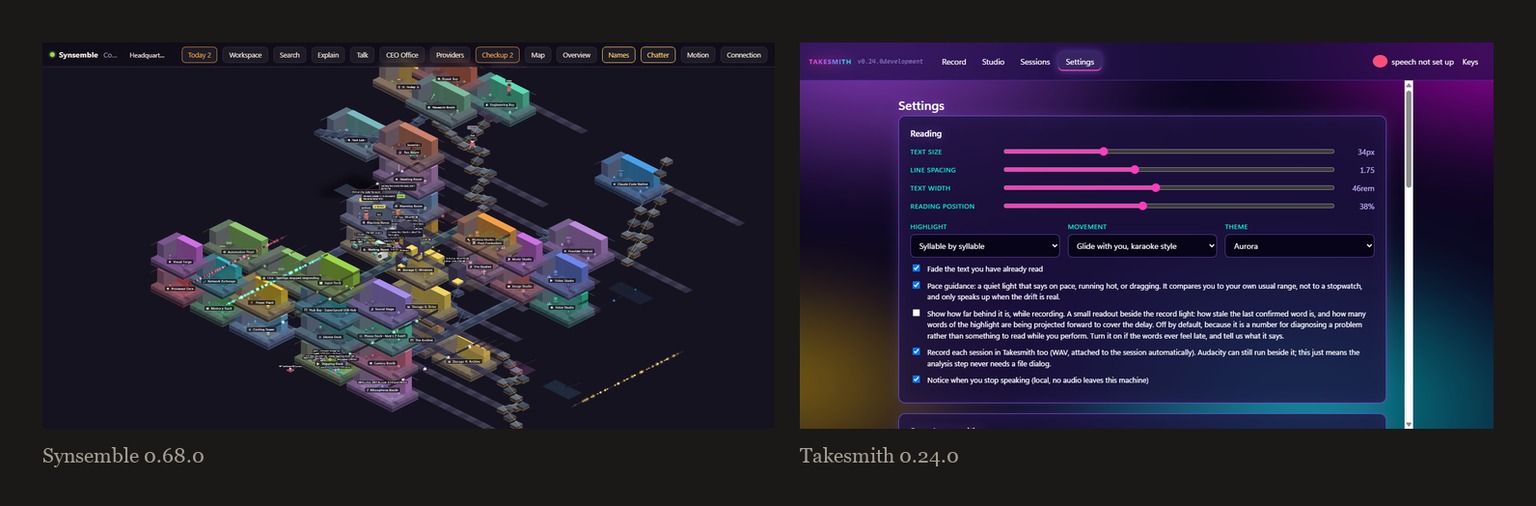 Two authentic screenshots side by side. On the left Synsemble's isometric city of rooms, on the right Takesmith's reading settings panel.