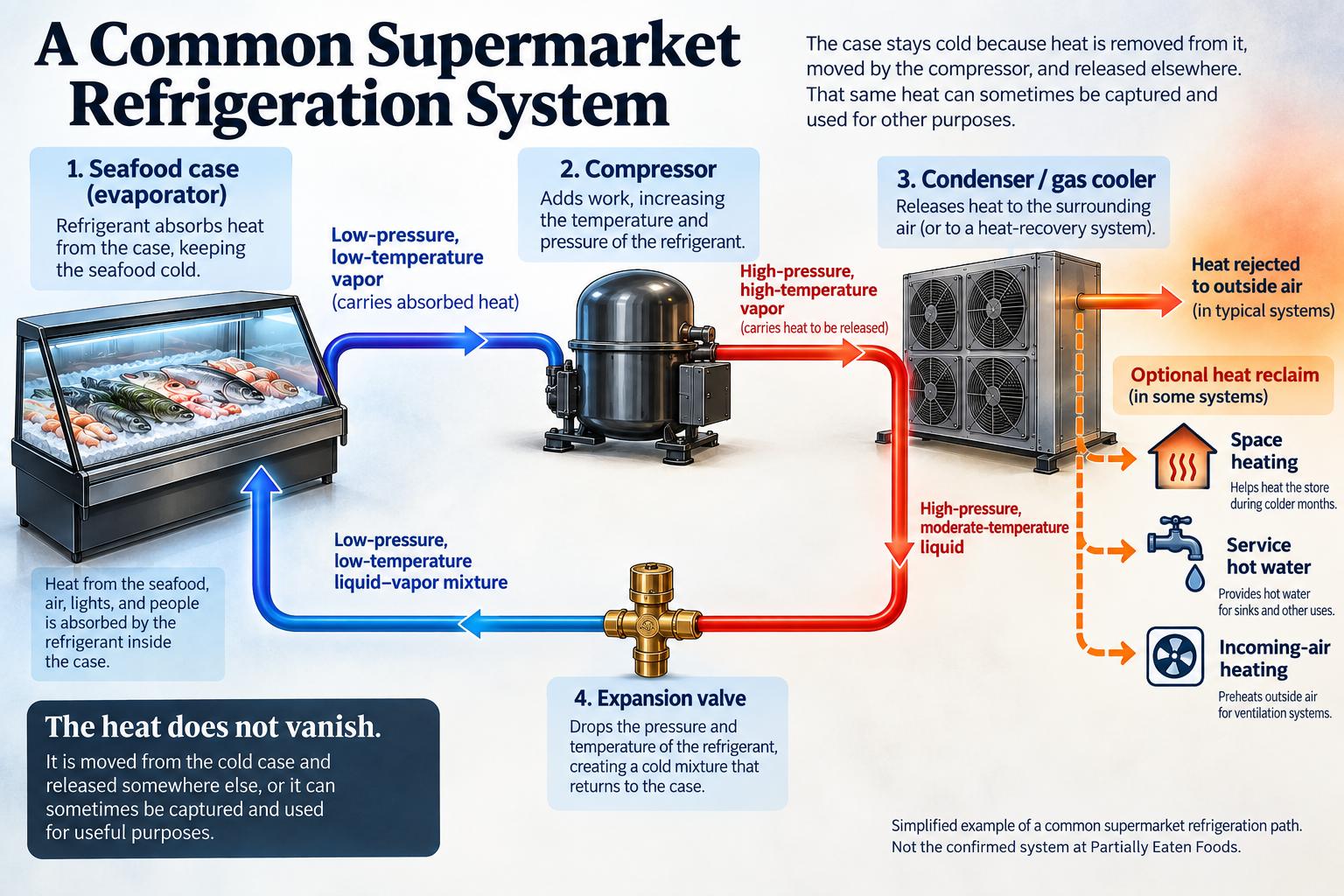 A diagram of a common supermarket refrigeration path: a cold seafood case feeding a compressor, then a condenser that rejects heat outside or sends it to optional heat reclaim for space heating, service hot water and incoming-air heating.