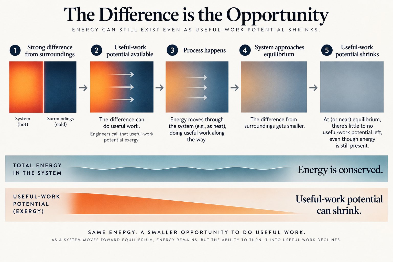 A conceptual chart showing useful-work potential shrinking as a system approaches equilibrium, while total energy stays conserved.