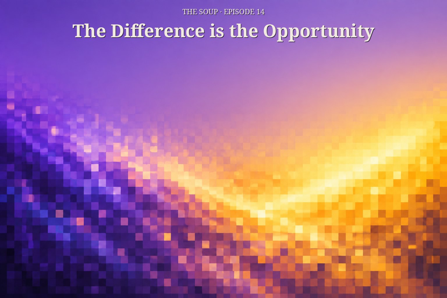 A continuous gradient of mosaic squares running from deep violet on the left to warm yellow on the right, with the episode title set across the quiet band at the top.