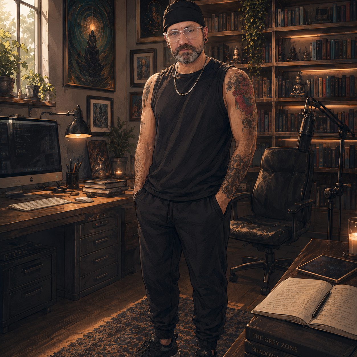 Greygray in a semi-realistic illustrated author workspace, black cap, clear-frame glasses, beard, chain, library shelves, computer, microphone, and notebook around him.